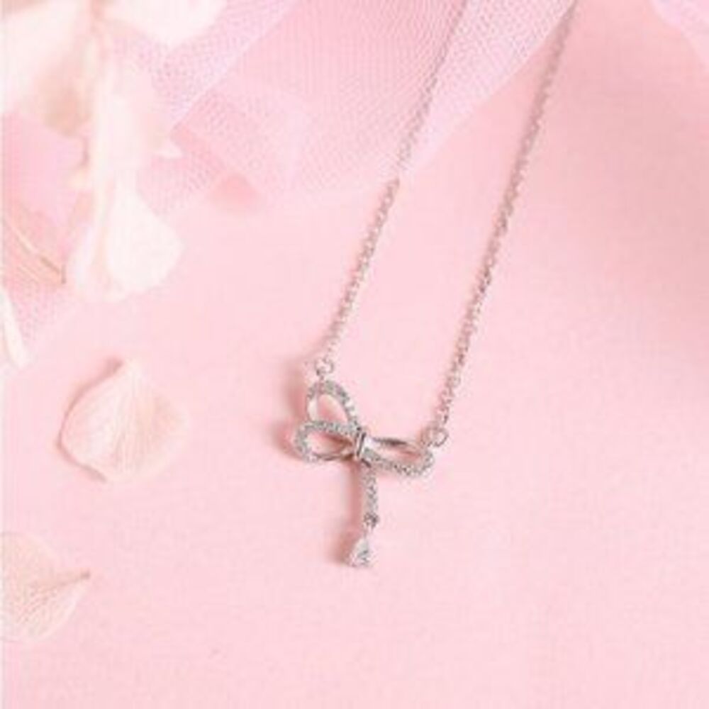 NEW 925 Sterling Silver Diamond Bow Necklace